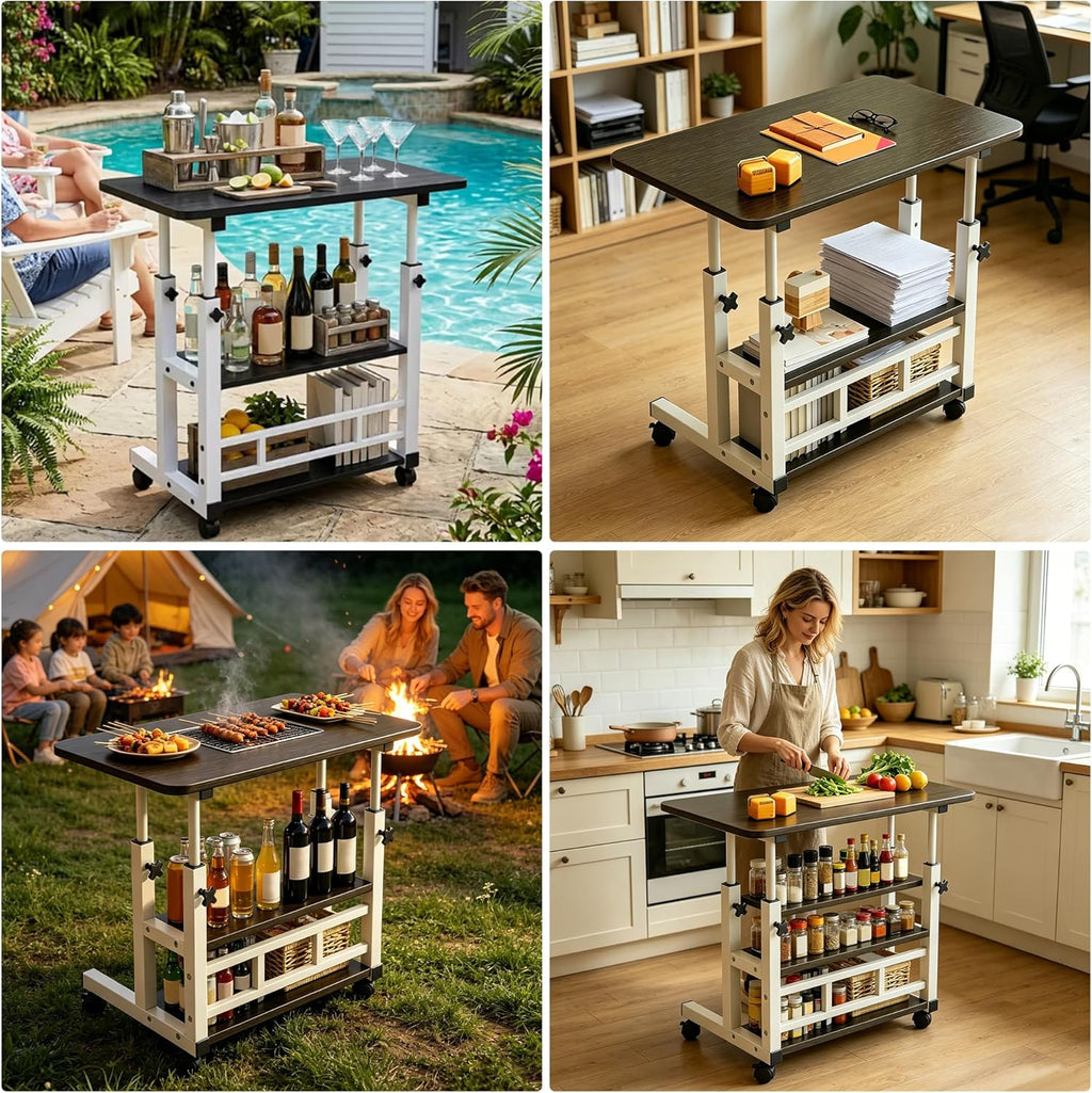 Adjustable Height Multi-Functional Garden Workbench, Heavy Duty Carbon Steel, 3-Tier Storage, 4 Lockable Casters, Mobile for Home, Office, Dorm & Garden