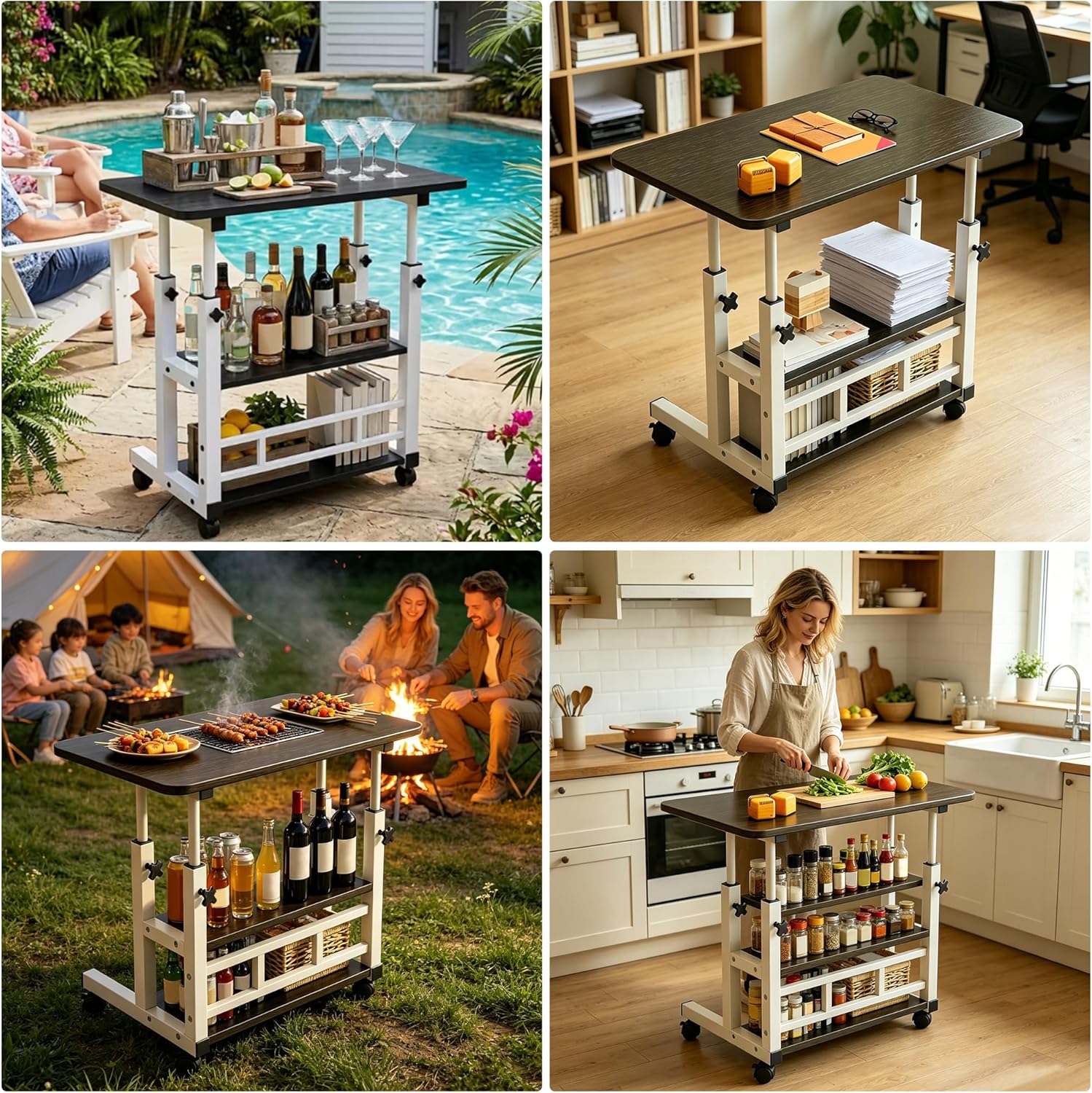 Adjustable Height Multi-Functional Garden Workbench, Heavy Duty Carbon Steel, 3-Tier Storage, 4 Lockable Casters, Mobile for Home, Office, Dorm & Garden