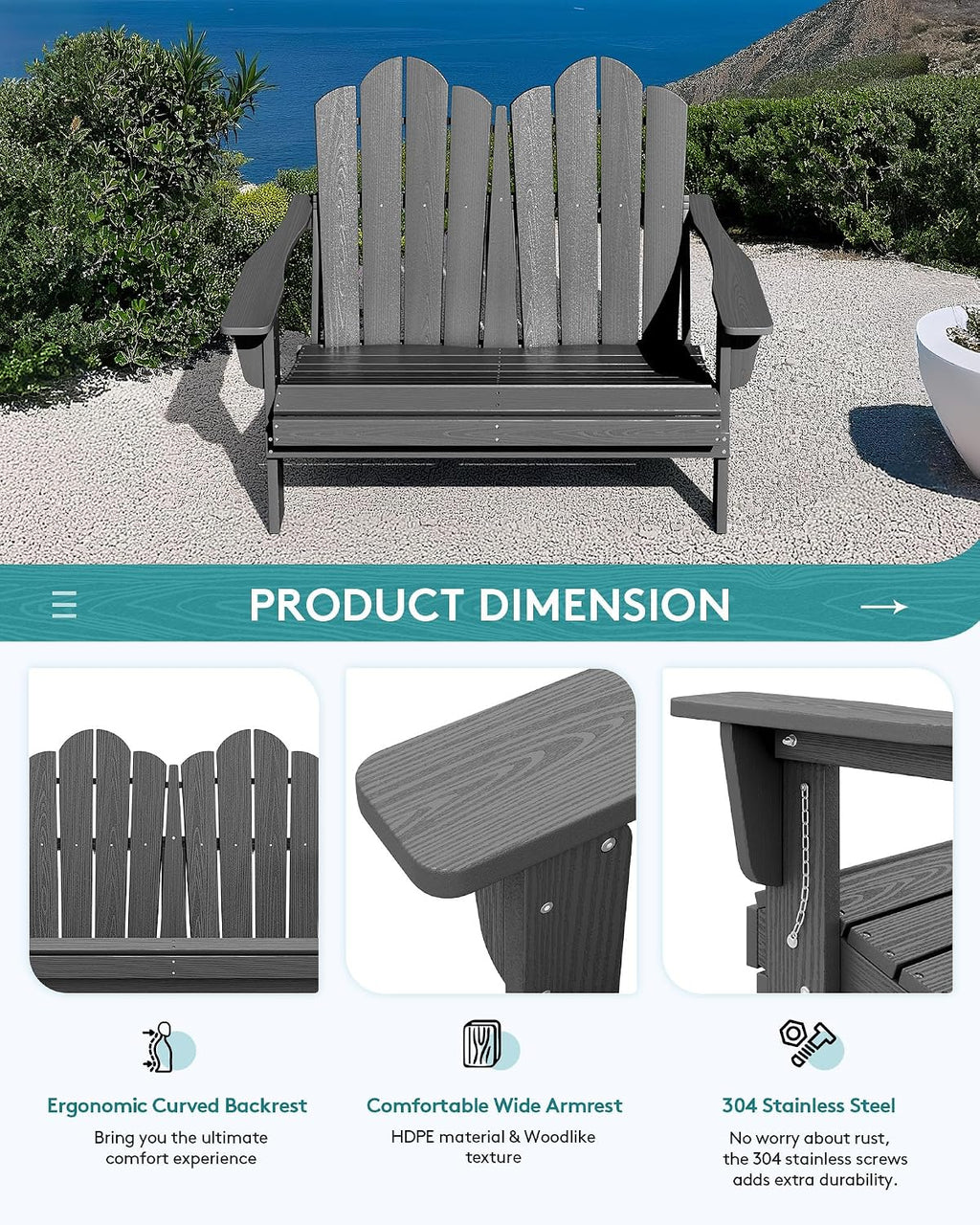 SERWALL Adirondack Bench, HDPE All-Weather Adirondack Loveseat, Outdoor Adirondack Chair for 2, Grey