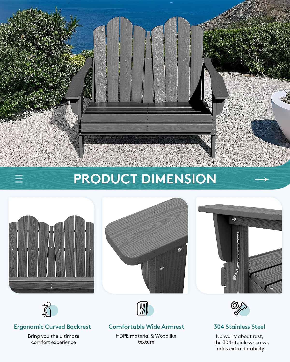 SERWALL Adirondack Bench, HDPE All-Weather Adirondack Loveseat, Outdoor Adirondack Chair for 2, Grey