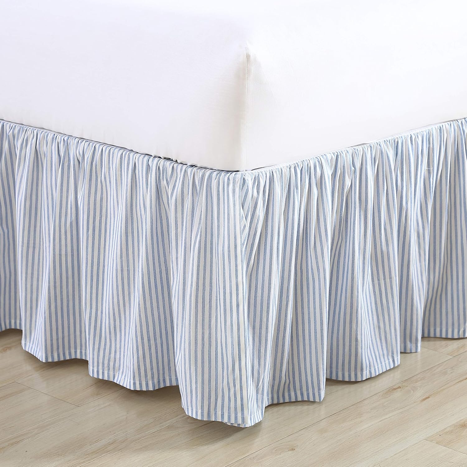 Laura Ashley - Queen Bedskirt, 100% Cotton Fabric with a Smooth and Lightweight Construction, 14.5" Drop Length, Stripe Bedding Design (Classic Ticking Blue)