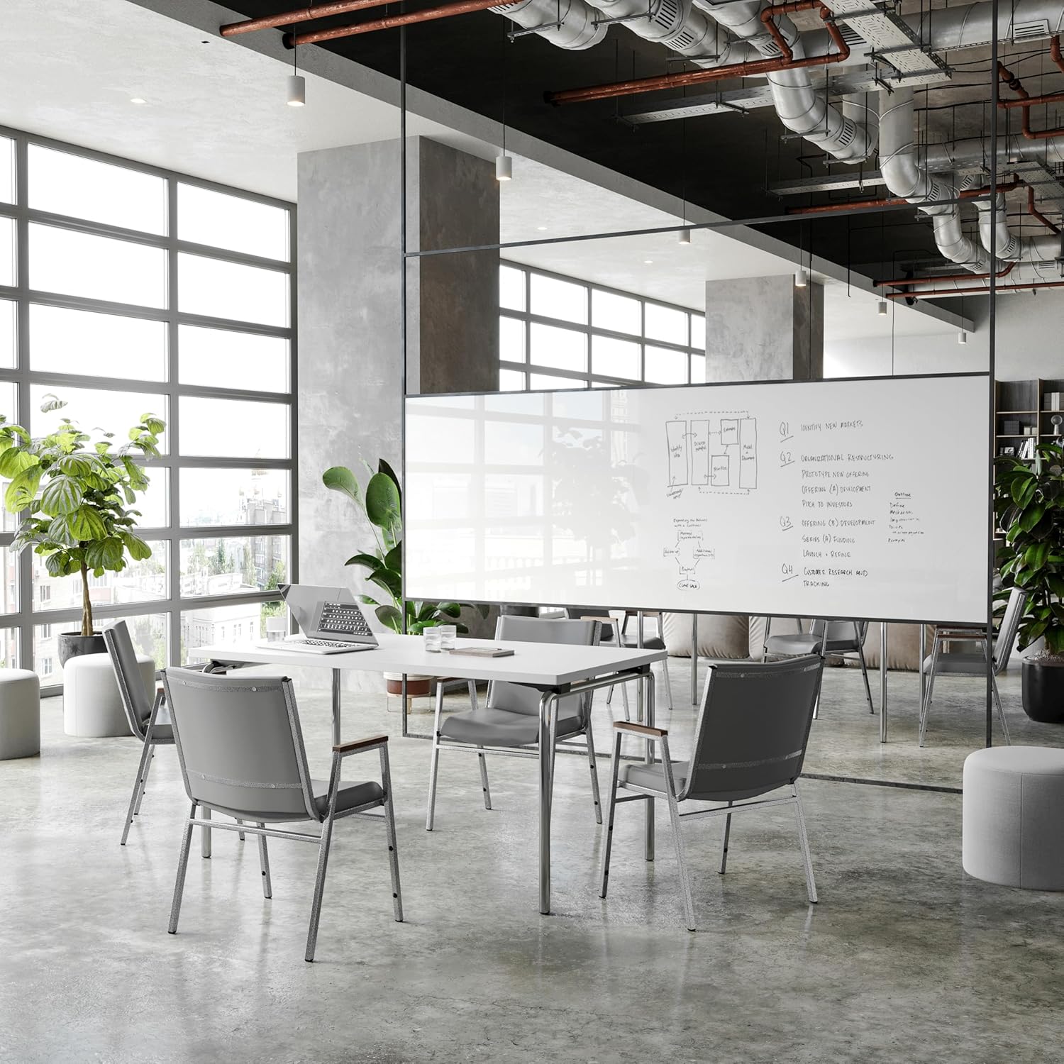 Flash Furniture Hercules Series Heavy Duty Gray Vinyl Stack Chair with Arms and Ganging Bracket, Set of 4