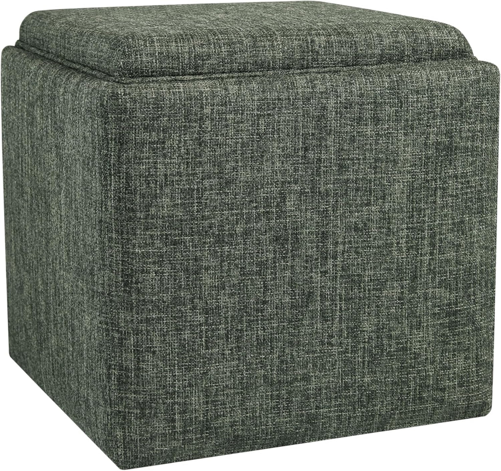 HomePop Home Decor Storage Ottoman with Tray Top|Upholstered Modern Square Storage Ottoman with Storage for Living Room & Bedroom, Green Clover Fabric
