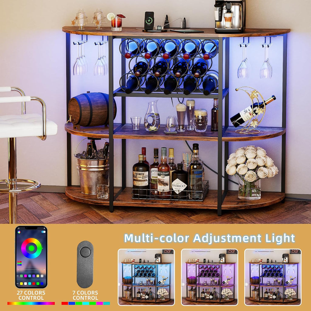 VICTONE Wine Bar Cabinet with LED Lights and Power Outlets, Freestanding Liquor Bar Cabinet Table with Glass Holder Wine Rack Table Mini Bar for Home Kitchen Dining Room