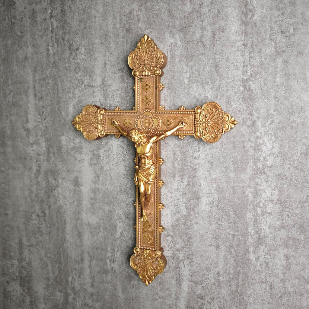 BC Catholic Crucifix Wall Cross, 12"H Jesus Christ Religious Home Decor, Catholic Wedding Gift, Gold Color Finish, Hand-painted by Buildclassic
