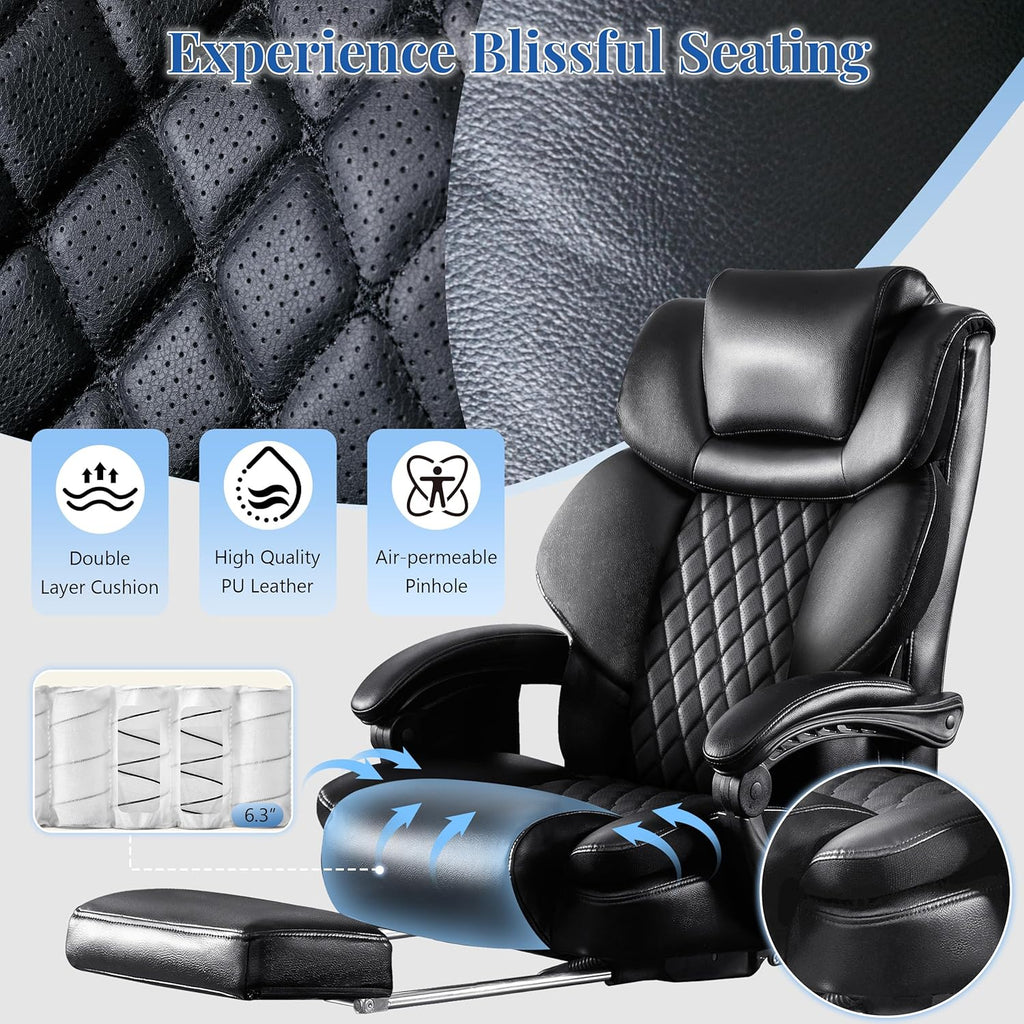 3D Kneading Massage Office Chair, Oversized 600LBS Big and Tall Executive Office Chair with Footrest, Reclining Computer Chairs, Wider Upholstered Seat Ergonomic Desk Chair for Home Office, Black