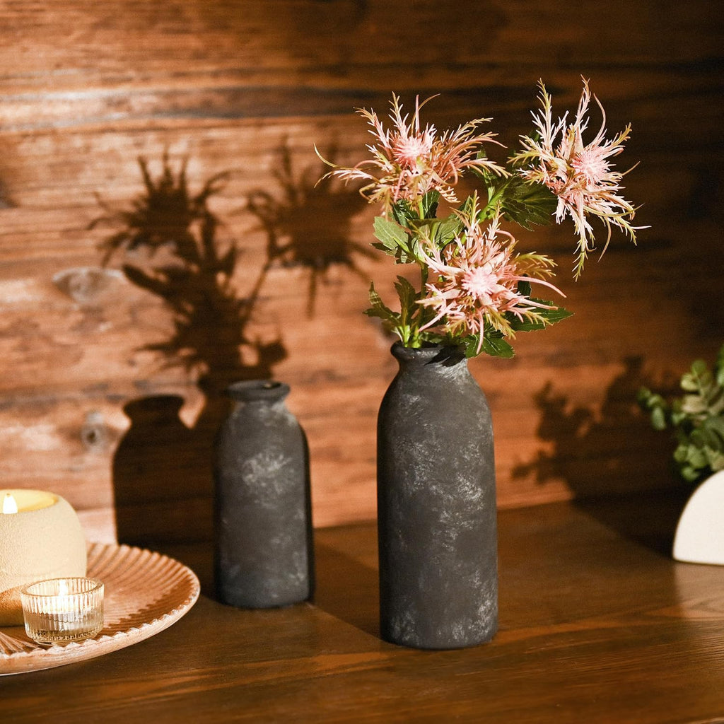 VICTOR & TERESA Black Ceramic Vases Home Decor, Flower Vase Set of 2, Farmhouse Vase for Flowers, Rustic Decorative Vases for Pampas Grass, Table, Living Room, Shelf, Centerpieces, 8 inch