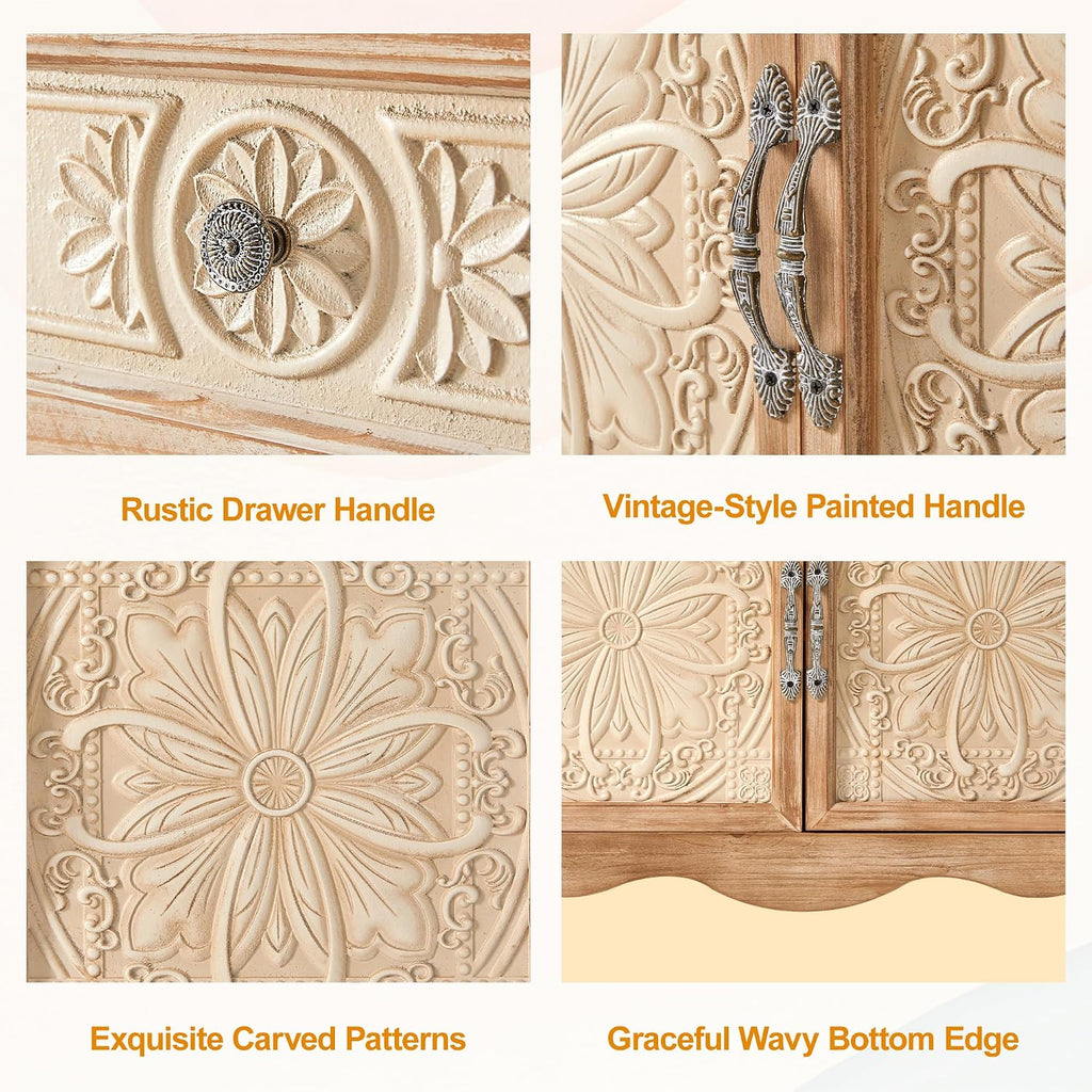 RoyalCraft Sideboard Buffet Cabinet, Solid Wood Accent Cabinet with 2 Carved Doors and 2 Drawers, Vintage Credenza for Kitchen, Living Room, Hallway, Natural Oak