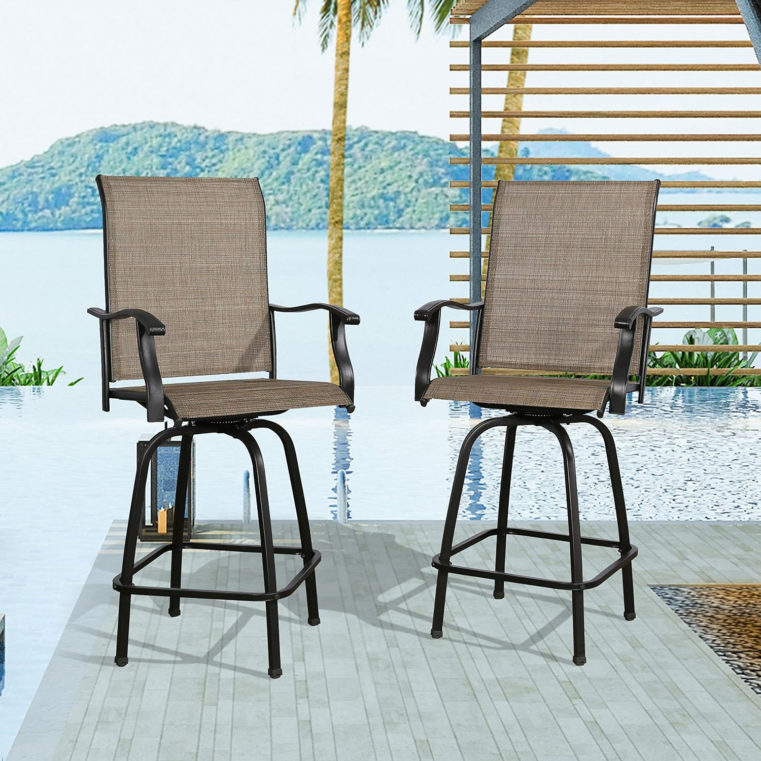 Patio Bar Stools, Outdoor Swivel Bar Height Chairs with Textilene Mesh Fabric, Set of 2