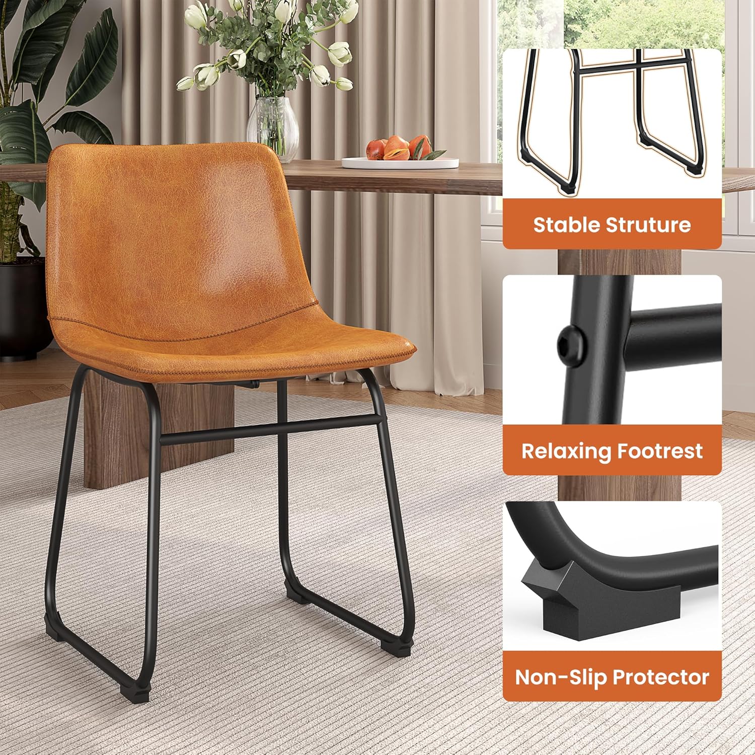 REONEY Dining Chairs Set of 6, 18" PU Leather Armless Dinner Chairs with Backrest, Modern Kitchen Dining Room Chair with Metal Legs for Home (Brown)