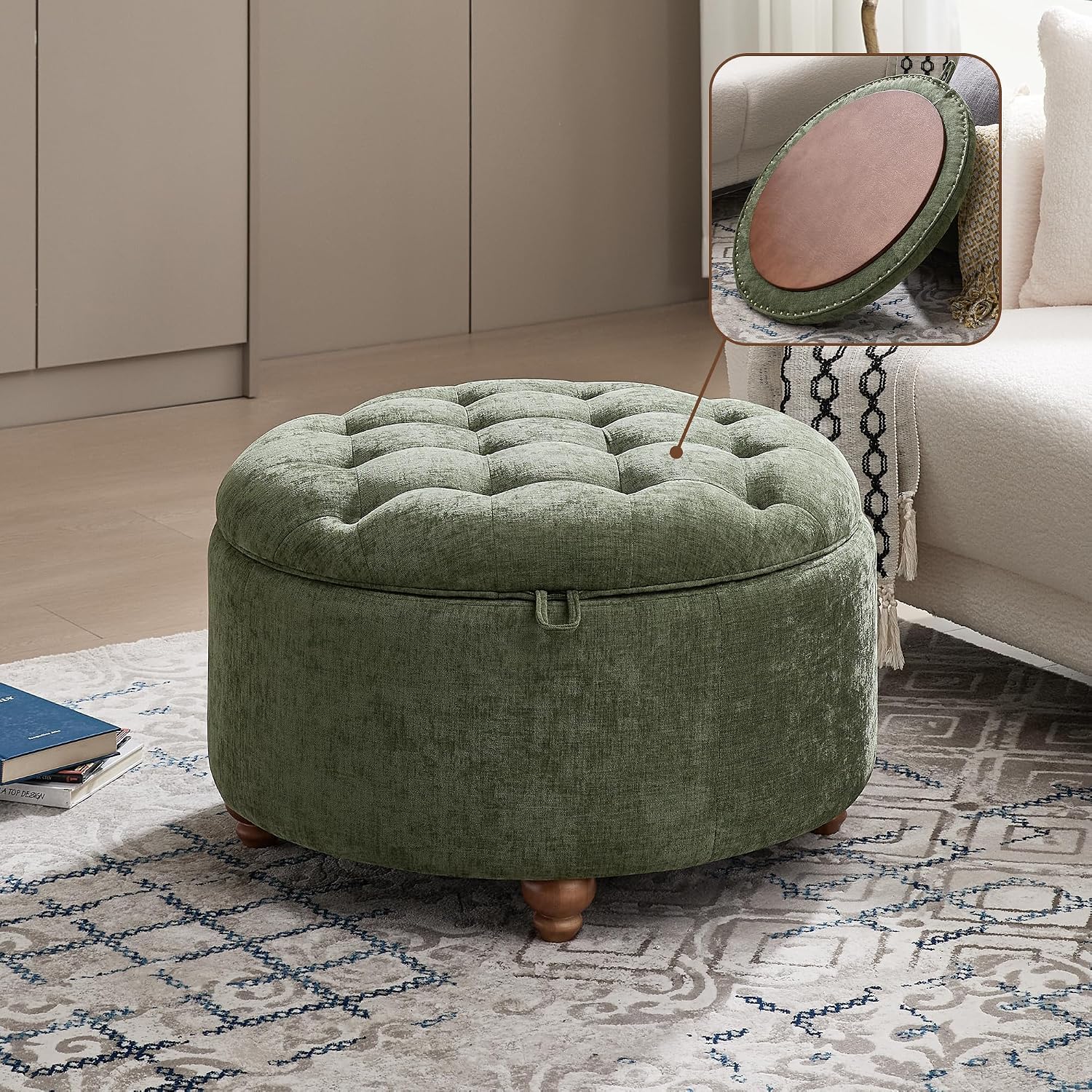 WUTUTUEE 30Inch Round Storage Ottoman with Tray, Modern Tufted Circle Coffee Table with Storage, Upholstered Ottoman with Removable Top for Living Room, Bedroom, Chenille Green