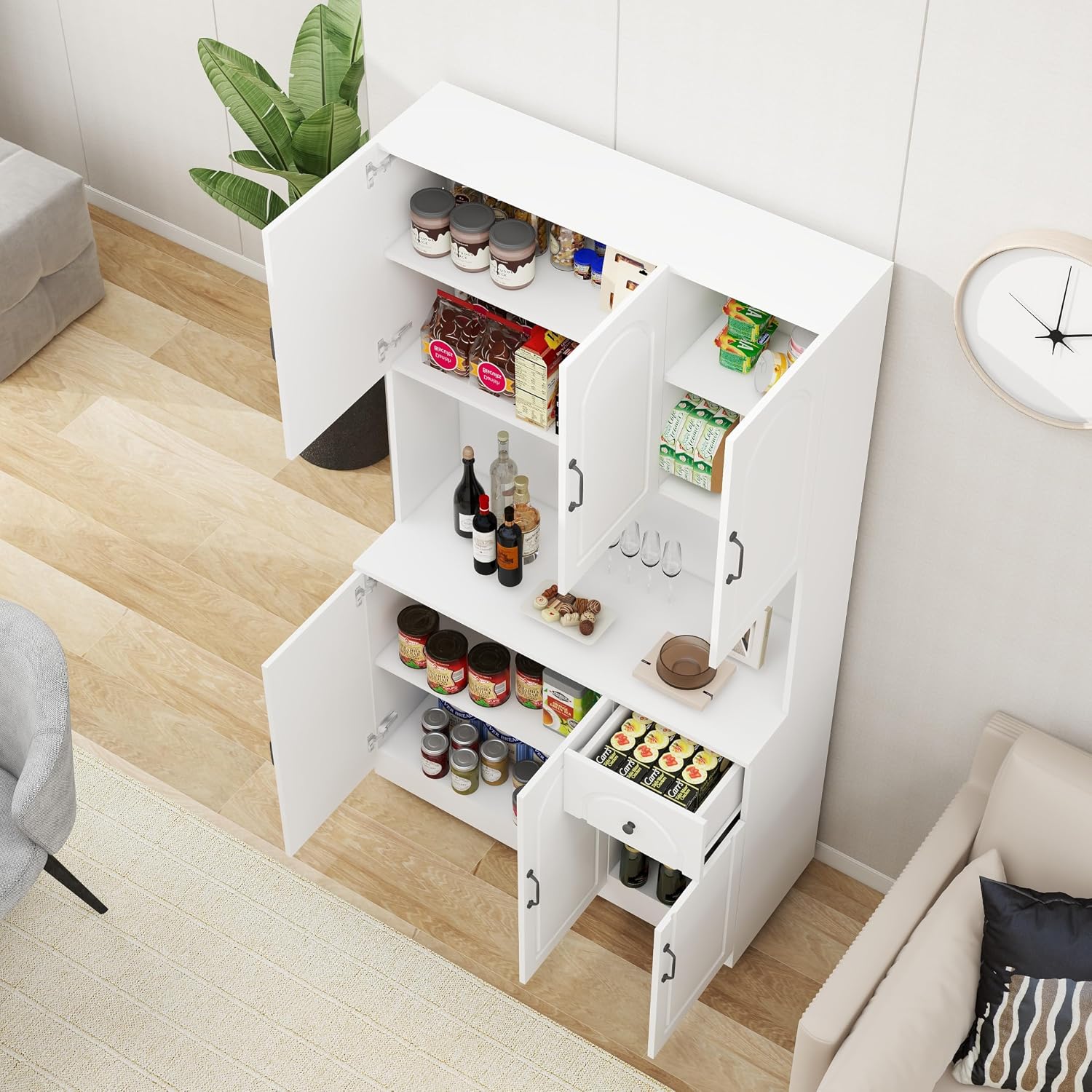 71" Tall Kitchen Pantry Storage Cabinet, Modern Kitchen Hutch Cabinet with Doors and Shelves, Freestanding Food Snacks Wine Buffet Counter for Dining Room, Living Room, White