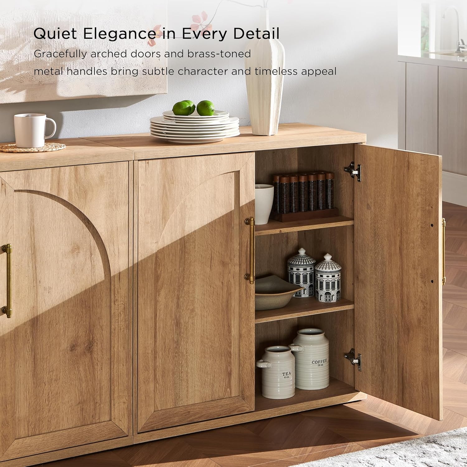ACCOHOHO Arched Door Sideboard Buffet Cabinet Set of 2, Accent Cabinet with Adjustable Shelf, Wood Modular Credenza Storage Cabinet for Dining Room, Living Room, Entryway, Natural Oak