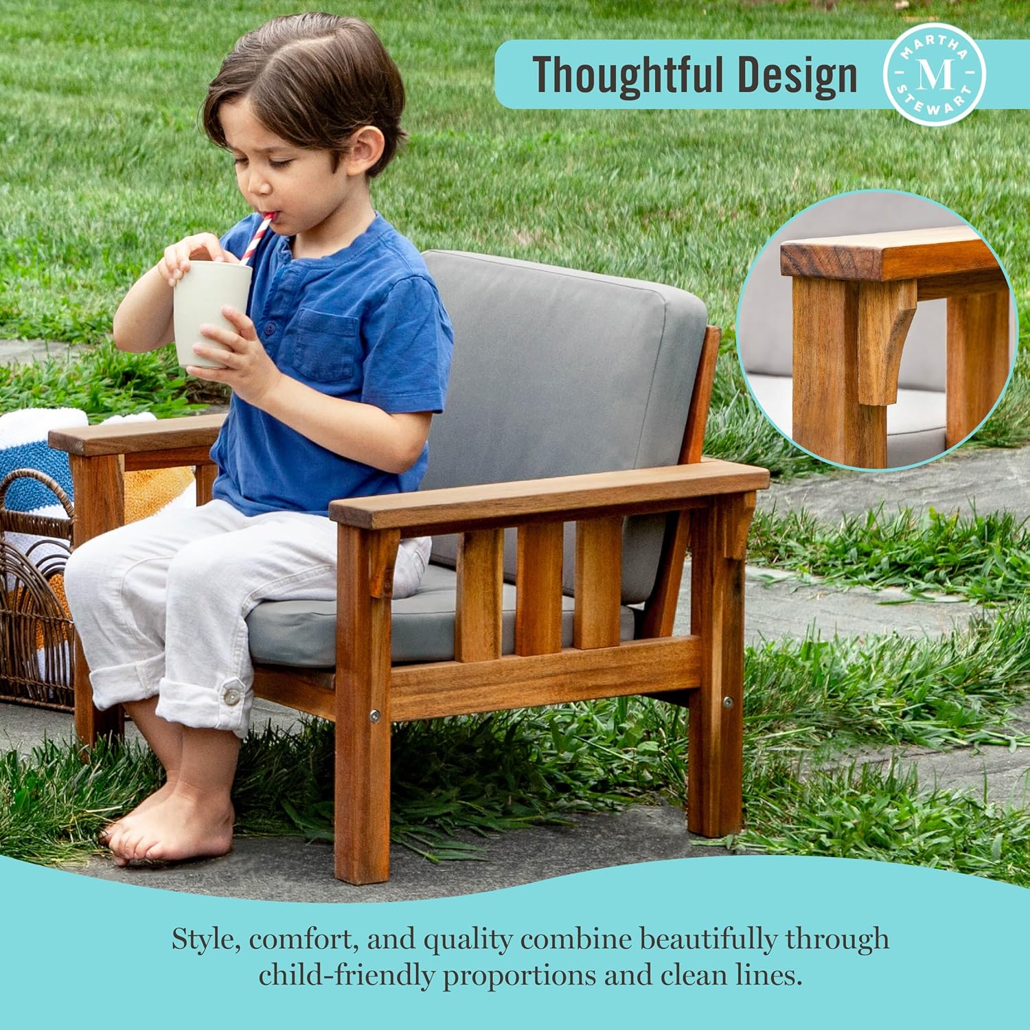 Martha Stewart Kids Outdoor Chair: Natural Acacia Wood Chair for Kids w/Gray Polyester Cushions, 10" Seat Height | Montessori Furniture for Backyard, Patio, and Outdoor Play & Learning Environments