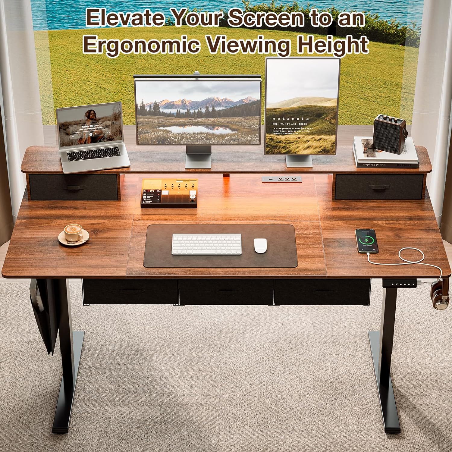 63x32″ Electric Standing Desk with 5 Drawers, Sit Stand Desk with Power Outlets, Monitor Shelf, RGB LED Lights and Cable Management, Height Adjustable 28.3"-47.2" for Home & Office, Walnut