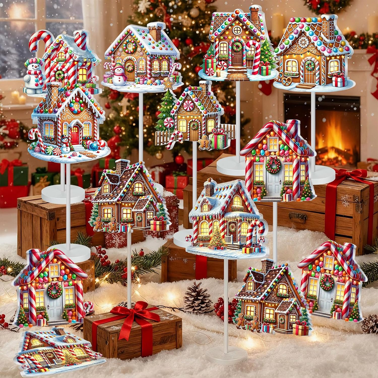 Geelin 10 Pcs Christmas Gingerbread Table Decoration Gingerbread House Decor Christmas Centerpiece for Tables Gingerbreads Theme Tabletop Gift for Xmas Holiday Desk Home Office Party Supplies Decor