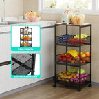 HapiRm Fruit Basket Kitchen Cart - 4-Tier Rolling Storage Cart with Wheels, Fruit Vegetable Basket with Wood Top, Pantry Utility Kitchen Organizer for Fruit Potato Onion Vegetable Bread Snack