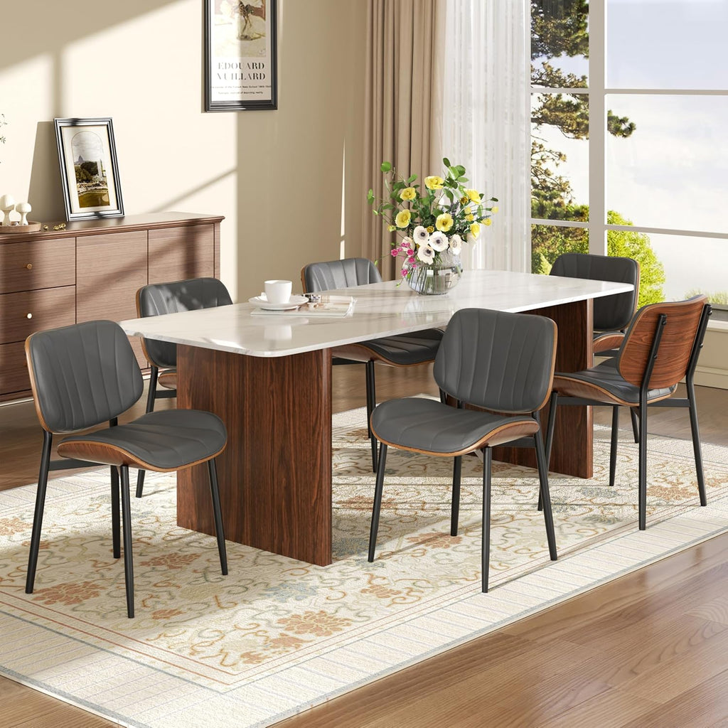 Dining Chairs Set 2 Solid Wood Backrest Modern Metal Chairs Upholstered Pu Leather Dining Chairs with Adjustable Foot Pad for Kitchen Dining Room Deep Grey