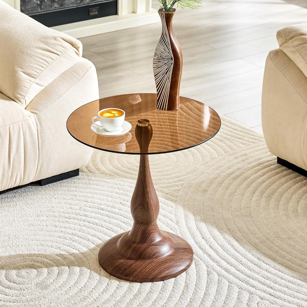 KEIKI Modern Side Table with Tempered Glass Top, Round Metal End Table for Living Room Bedroom Balcony, Small Accent Coffee Table for Sofa Side Bedside, 19.6", Walnut