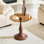 KEIKI Modern Side Table with Tempered Glass Top, Round Metal End Table for Living Room Bedroom Balcony, Small Accent Coffee Table for Sofa Side Bedside, 19.6", Walnut