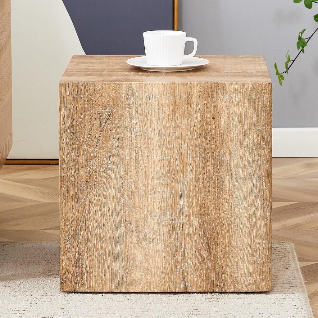 Modern Natural Color Wooden End Table for Living Room, MDF Construction Square Sofa Side Table Small Nightstand for Home Apartment, 15.7 x 15.7 x 15.7 Inch, Easy to Clean, Non-Slip Feet Pad