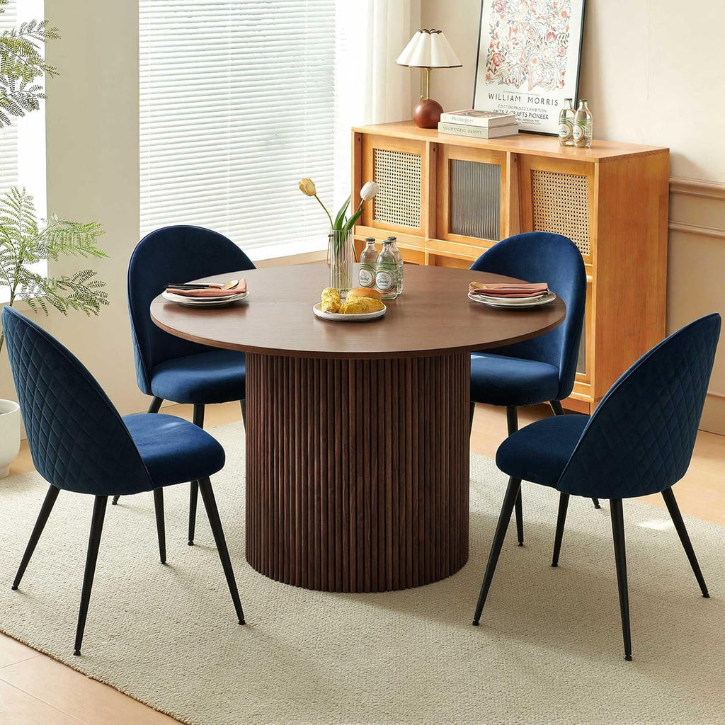 Homedot Round Kitchen Dining Table Set for 4, Modern Breakfast Dinner Dinette Table Set with Navy Blue Dining Side Chairs Upholstered, Mid Century Wooden Dining Set for Dining Room, Reception Room