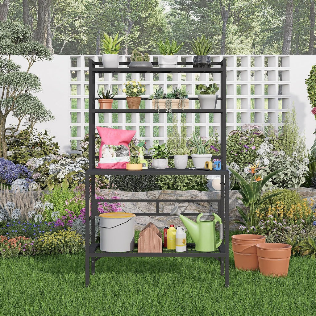 Outdoor Potting Bench Table with Storage, 63" Tall Metal Garden Workstation, 4-Tier Plant Stand Shelves with 8 Hooks, Heavy Duty All-Weather Potting Table for Patio, Backyard, Balcony, Gray