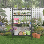 Outdoor Potting Bench Table with Storage, 63" Tall Metal Garden Workstation, 4-Tier Plant Stand Shelves with 8 Hooks, Heavy Duty All-Weather Potting Table for Patio, Backyard, Balcony, Gray