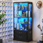 FREDEES Display Cabinet with Glass Doors,67" Adjustable Display Shelf with 2 Drawers and 4 Tier Curio Cabinet,Tall Bookcase with 3 Color Lights and Human Body Sensor for Toys,Books（Black）