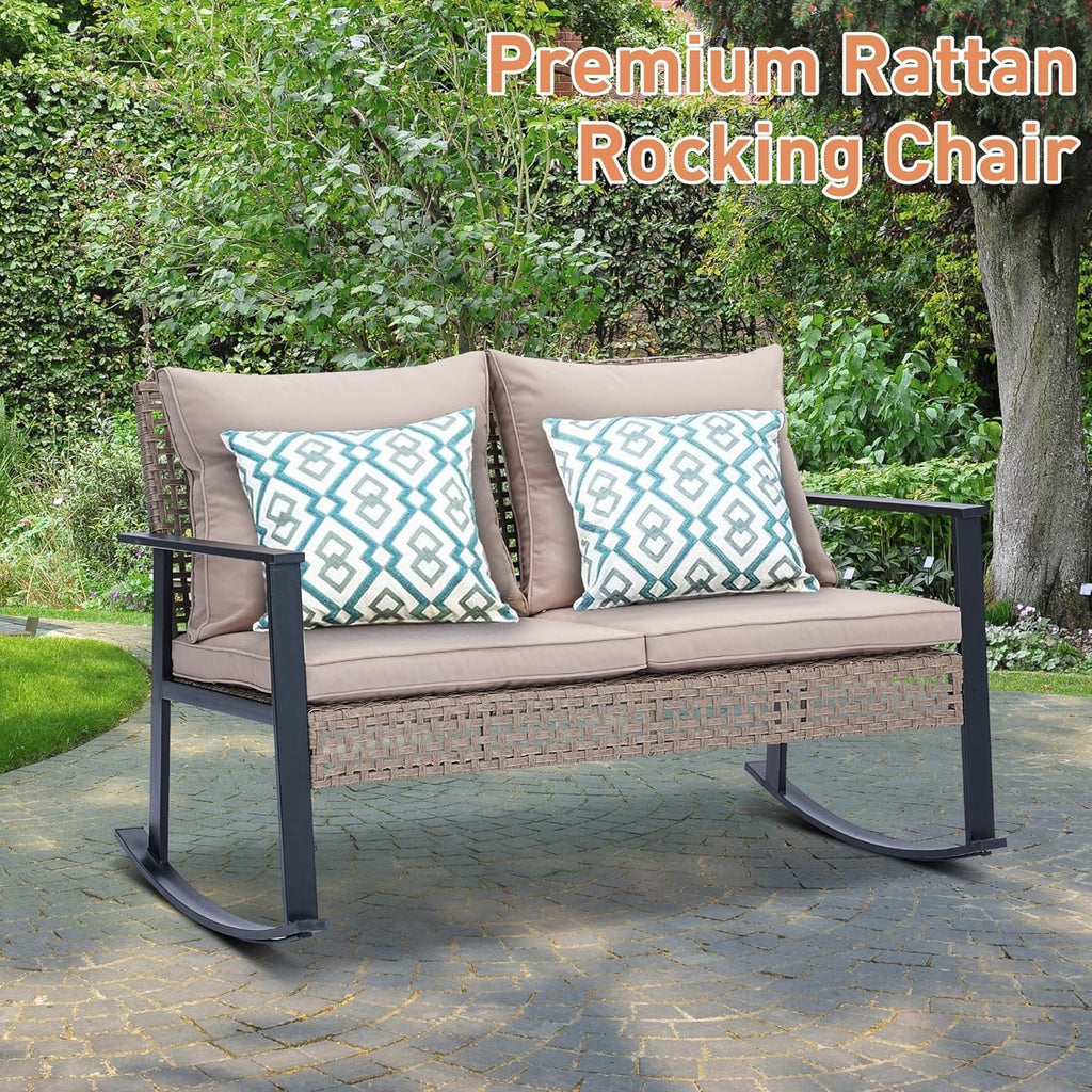 GDY Outdoor Wicker Loveseat Rocking Chair, Patio Outdoor Furniture Conversation Sets, Rattan Rocker Chair with Cushions, Modern Cozy Rocking Wicker Furniture for Garden, Porch, Poolside & Deck, Khaki.