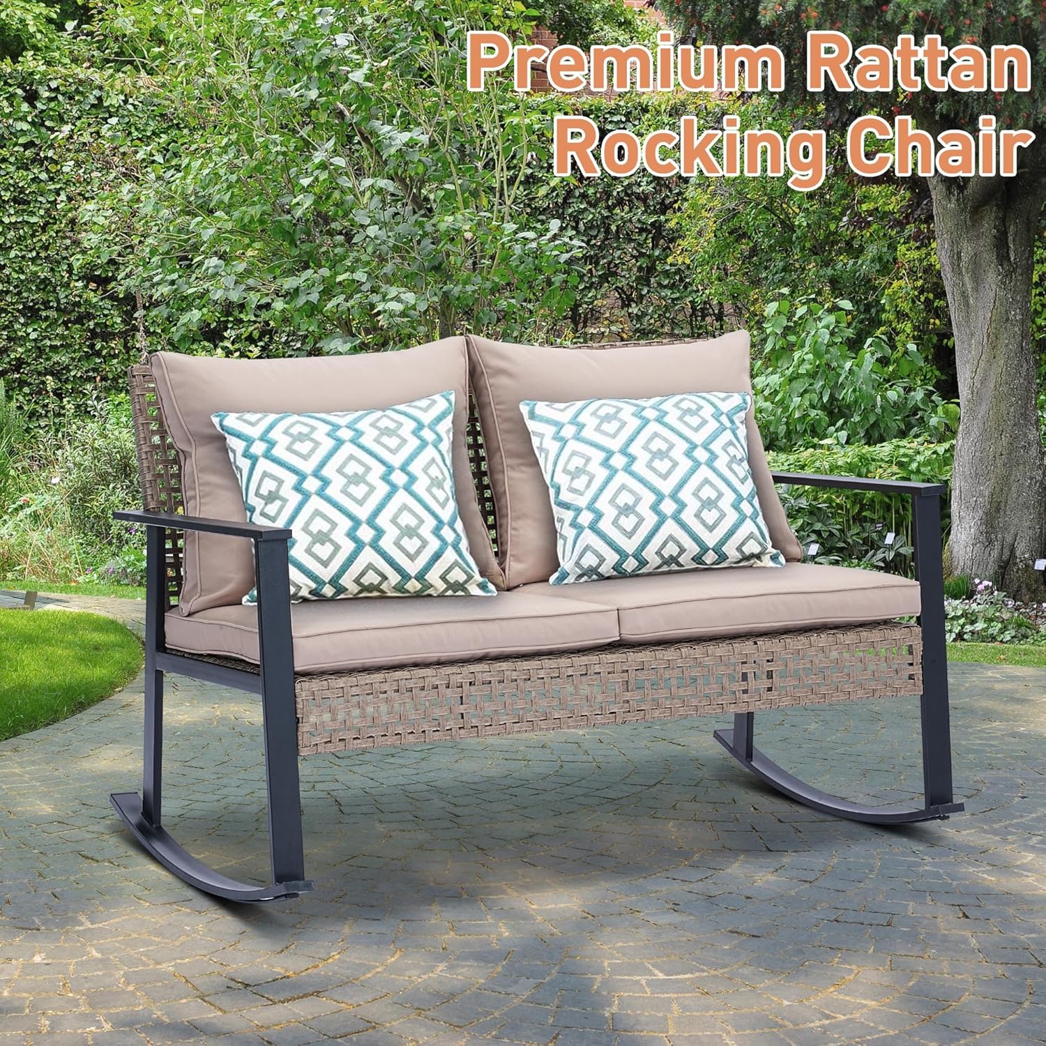 GDY Outdoor Wicker Loveseat Rocking Chair, Patio Outdoor Furniture Conversation Sets, Rattan Rocker Chair with Cushions, Modern Cozy Rocking Wicker Furniture for Garden, Porch, Poolside & Deck, Khaki.