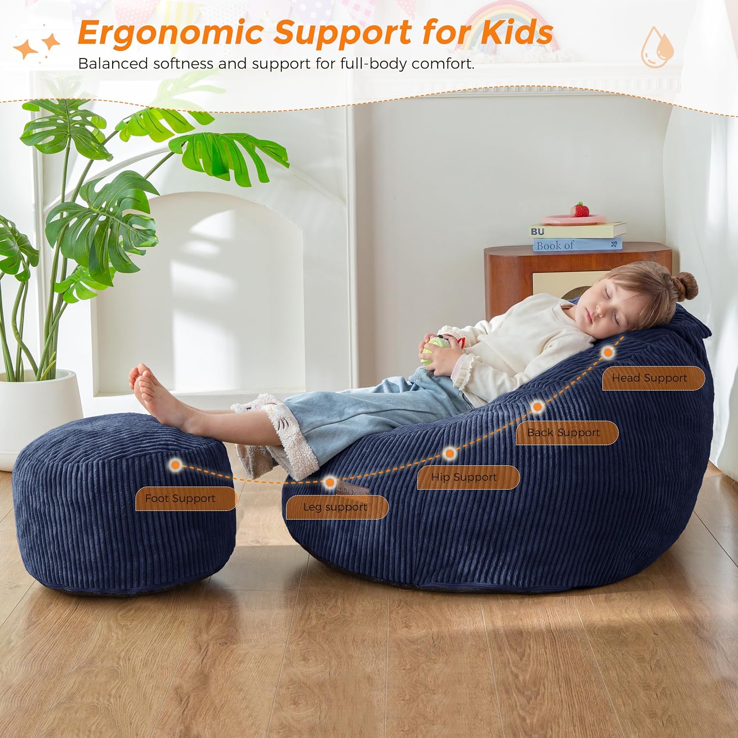 MAXYOYO Kids Bean Bag Chair with Ottoman, Soft Plush Bean Bag Sofa with Removable Cover for Boys and Girls, Convenient Floor Seat with Handle, Comfy Toddler Lounge Chair for Playroom, Bedroom, Navy