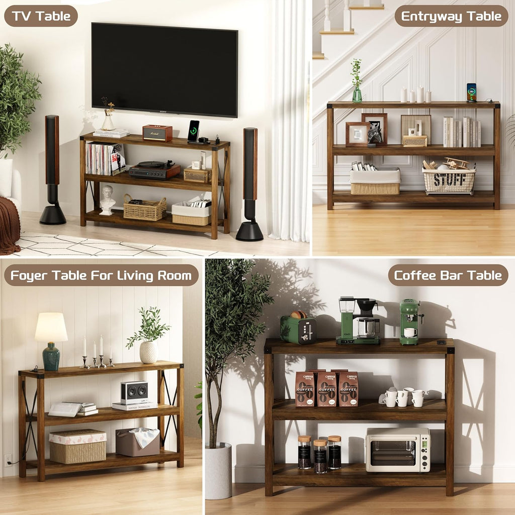 Entryway Table with Outlets and USB Ports, Console Table with 3-Tier Open Storage Shelves, Wooden Sofa Table with Metal X-Shaped Design for Living Room/Couch/Hallway/Foyer (Rustic Oak-s)