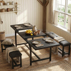 GarveeHome 5 Piece Extendable Dining Table Set for 4-6, Kitchen Table & 2 Upholstered Benches w/Metal Corner Protector, Dining Room Table Set for Small Space, Apartment, Easy Assemble, Retro Black