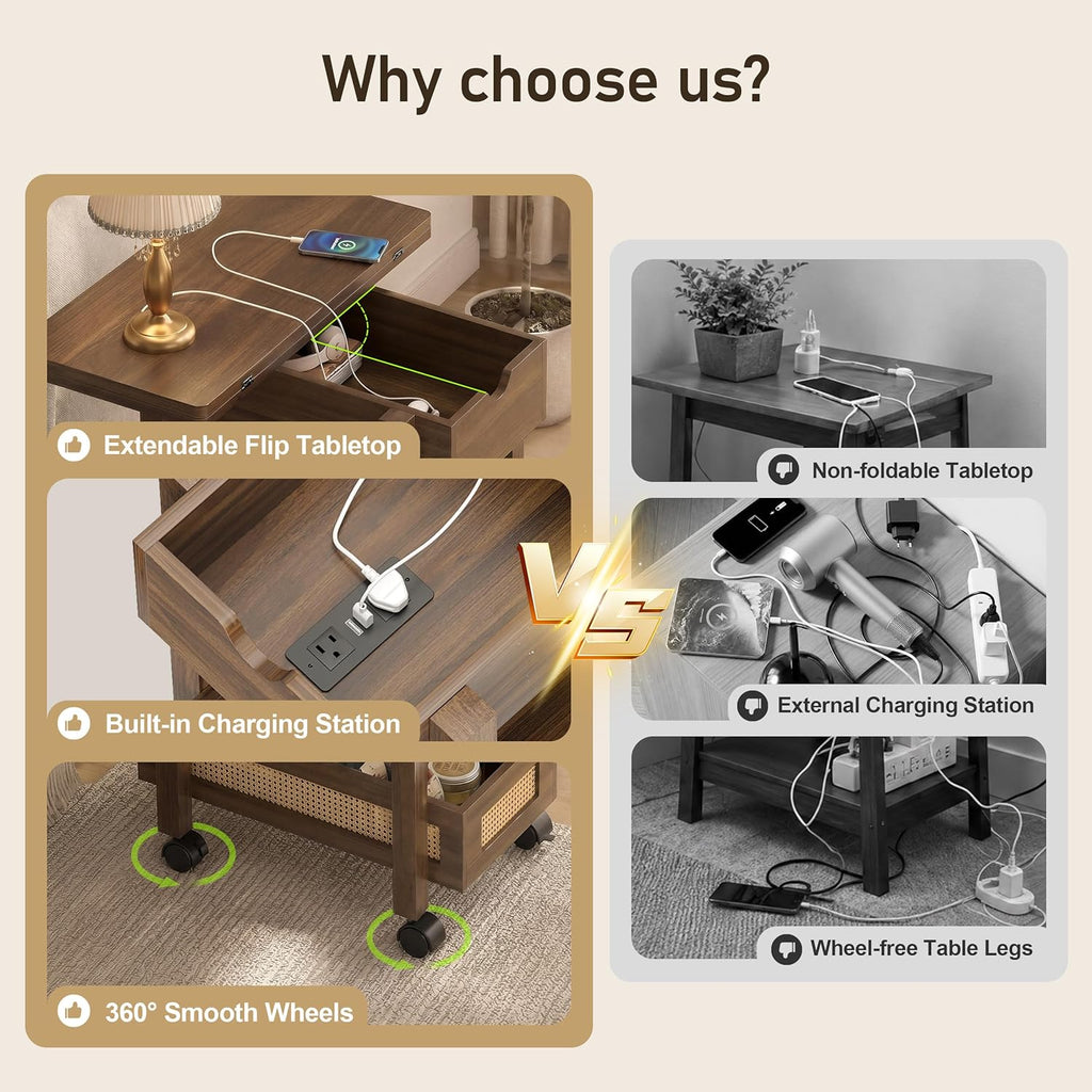 YOSHOOT Flip Top End Table with Charging Station, Narrow Side Table | 13" Wide, Rattan, Extensible Design, Small Table with Storage and Wheels, Suitable for Living Room Bedroom Apartment, Walnut