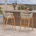 PURPLE LEAF Outdoor Bar Height Stools Set of 2 Modern Bar Chairs with High Back and High Armrests Outdoor Aluminum Woven Rattan Barstools for Kitchcen Island Garden Indoor Teak