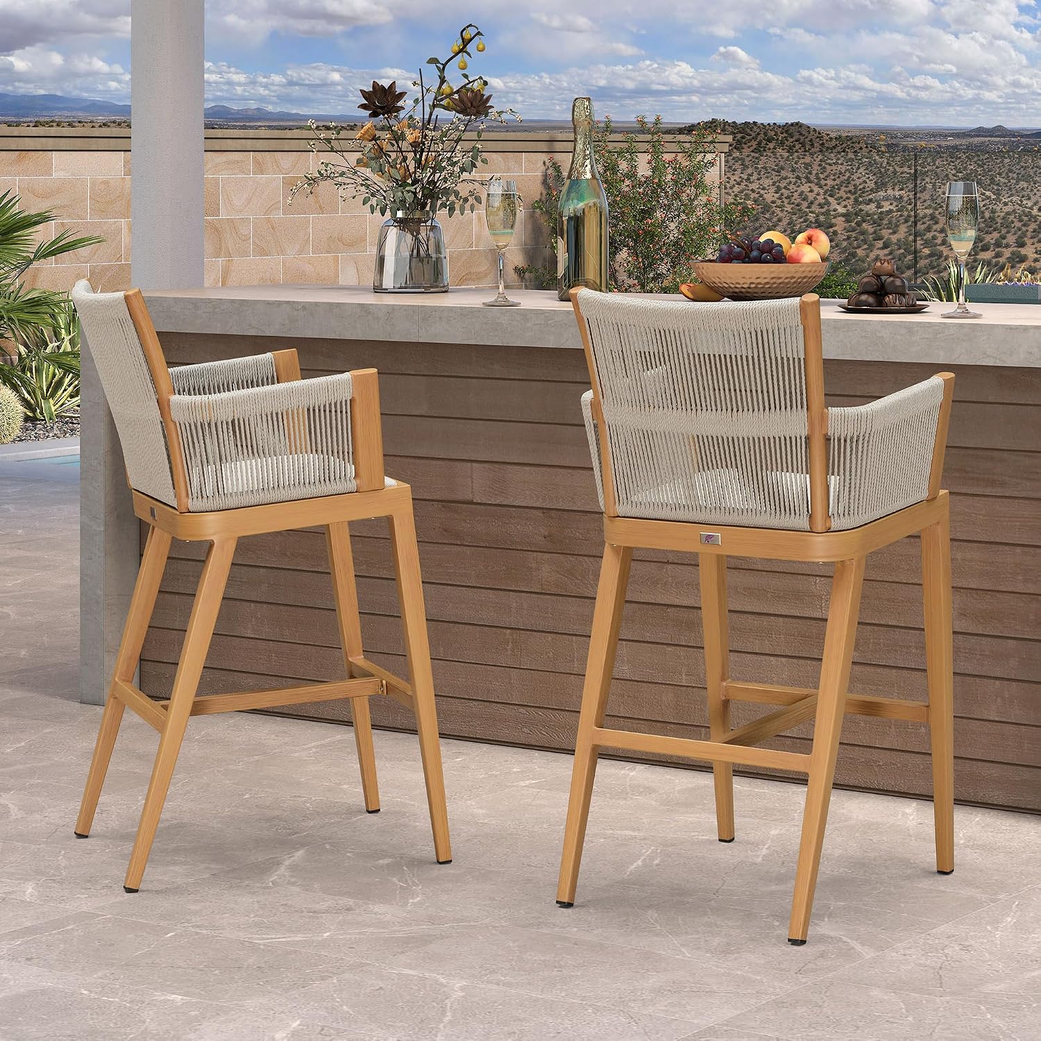 PURPLE LEAF Outdoor Bar Height Stools Set of 2 Modern Bar Chairs with High Back and High Armrests Outdoor Aluminum Woven Rattan Barstools for Kitchcen Island Garden Indoor Teak