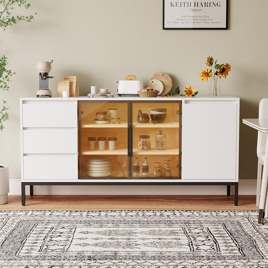 Freestanding Storage Cabinet with 3 Dawers, 3 Shelves, Single Door & French Door, Rectangular Wood Kitchen Pantry, Modern Minimalist, for Living Room, Dining Room, White