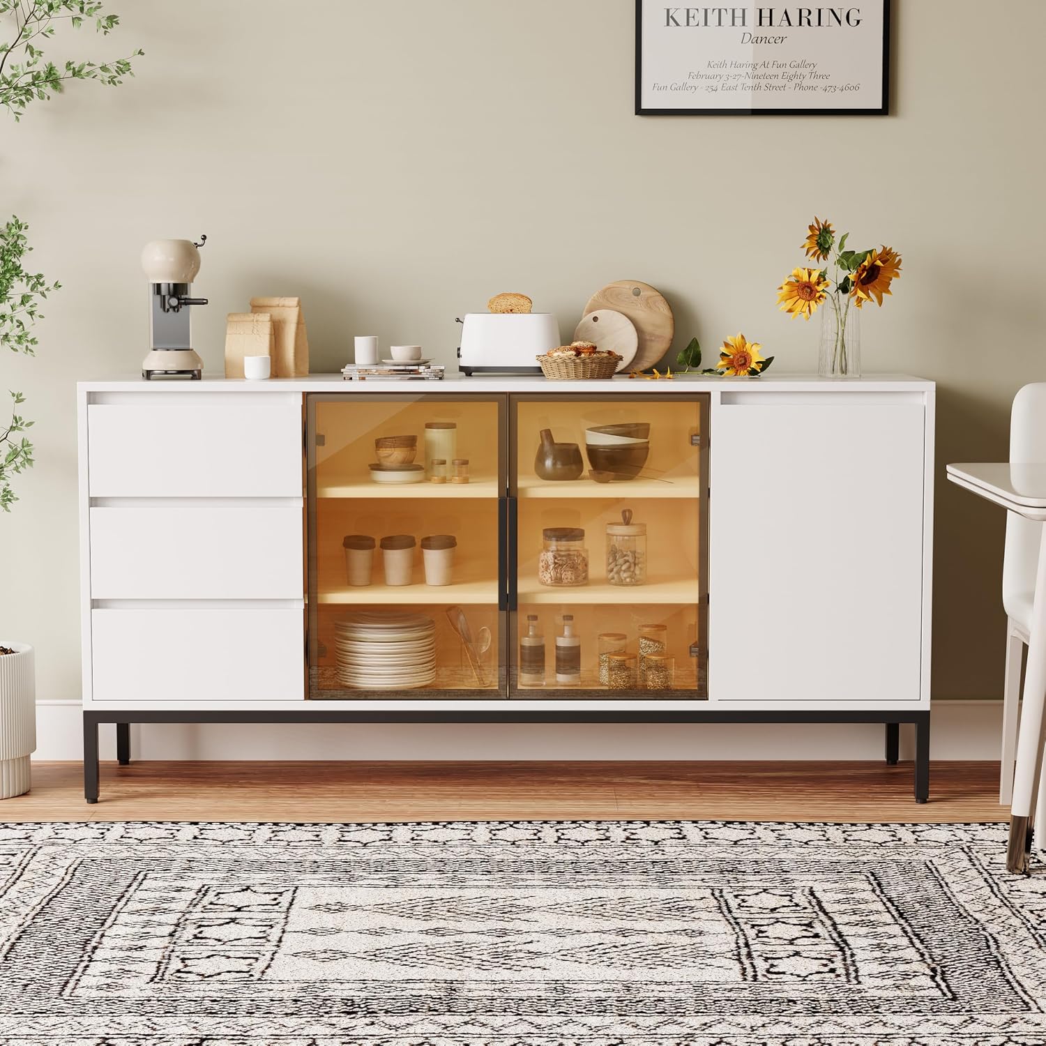 Freestanding Storage Cabinet with 3 Dawers, 3 Shelves, Single Door & French Door, Rectangular Wood Kitchen Pantry, Modern Minimalist, for Living Room, Dining Room, White