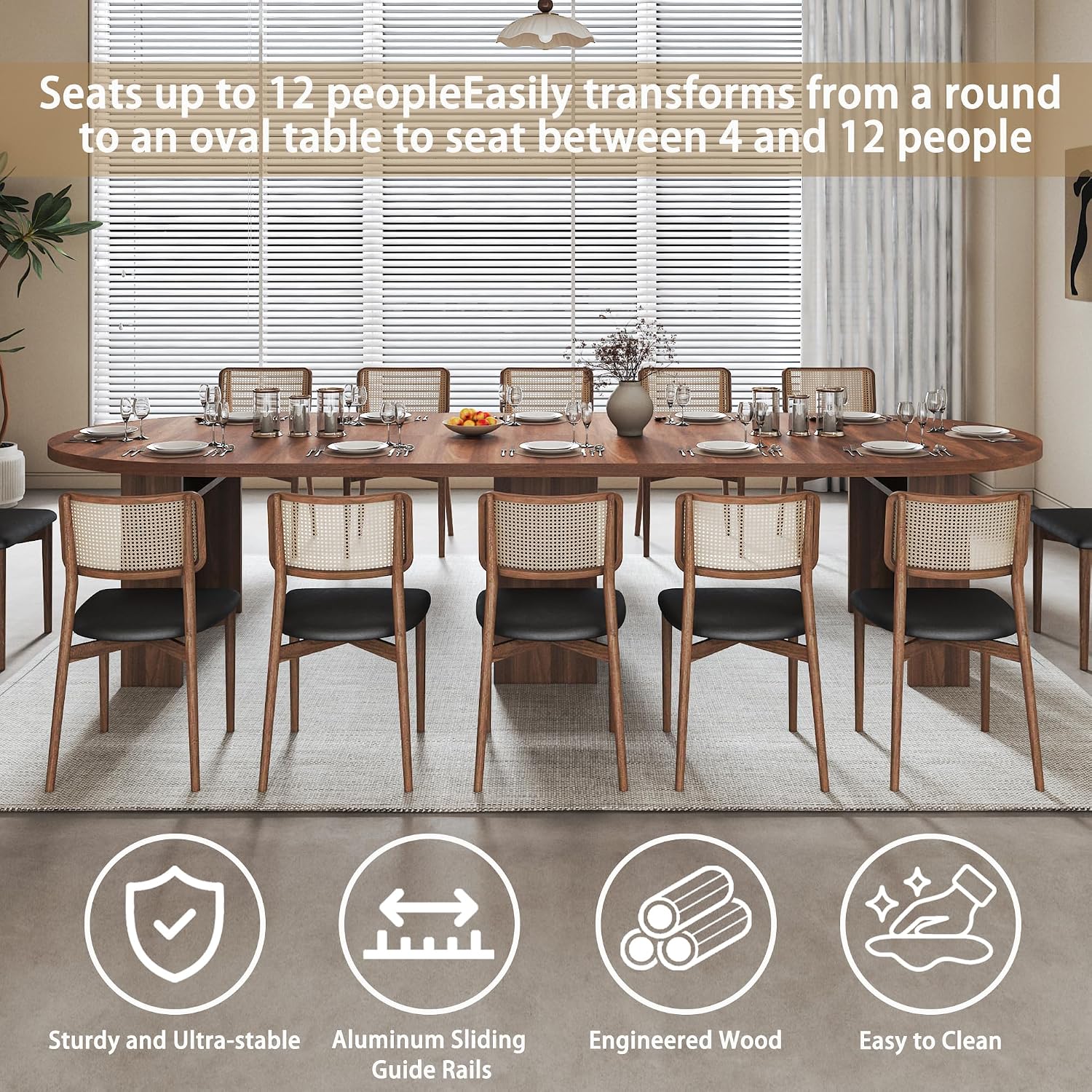 47-118 Inch Round Extendable Dining Table for 4-12, Kitchen Table with Wood Strip Base, Modern Oval Dining Room Table for Kitchen Living Room, Walnut