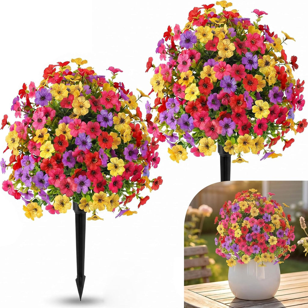 Set of 2 Artificial Topiary Ball Flowers for Outdoors Planters, 22'' Spring Decoration with Spike, UV Resistant Faux Summer Plants, Fake Bushes Decor Porch & Patio (Colorful Violet)