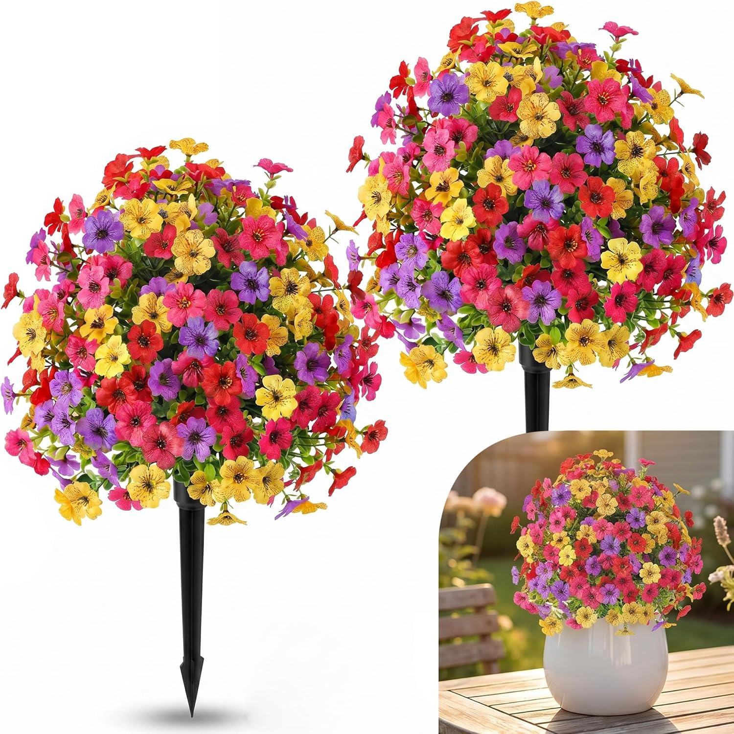 Set of 2 Artificial Topiary Ball Flowers for Outdoors Planters, 22'' Spring Decoration with Spike, UV Resistant Faux Summer Plants, Fake Bushes Decor Porch & Patio (Colorful Violet)