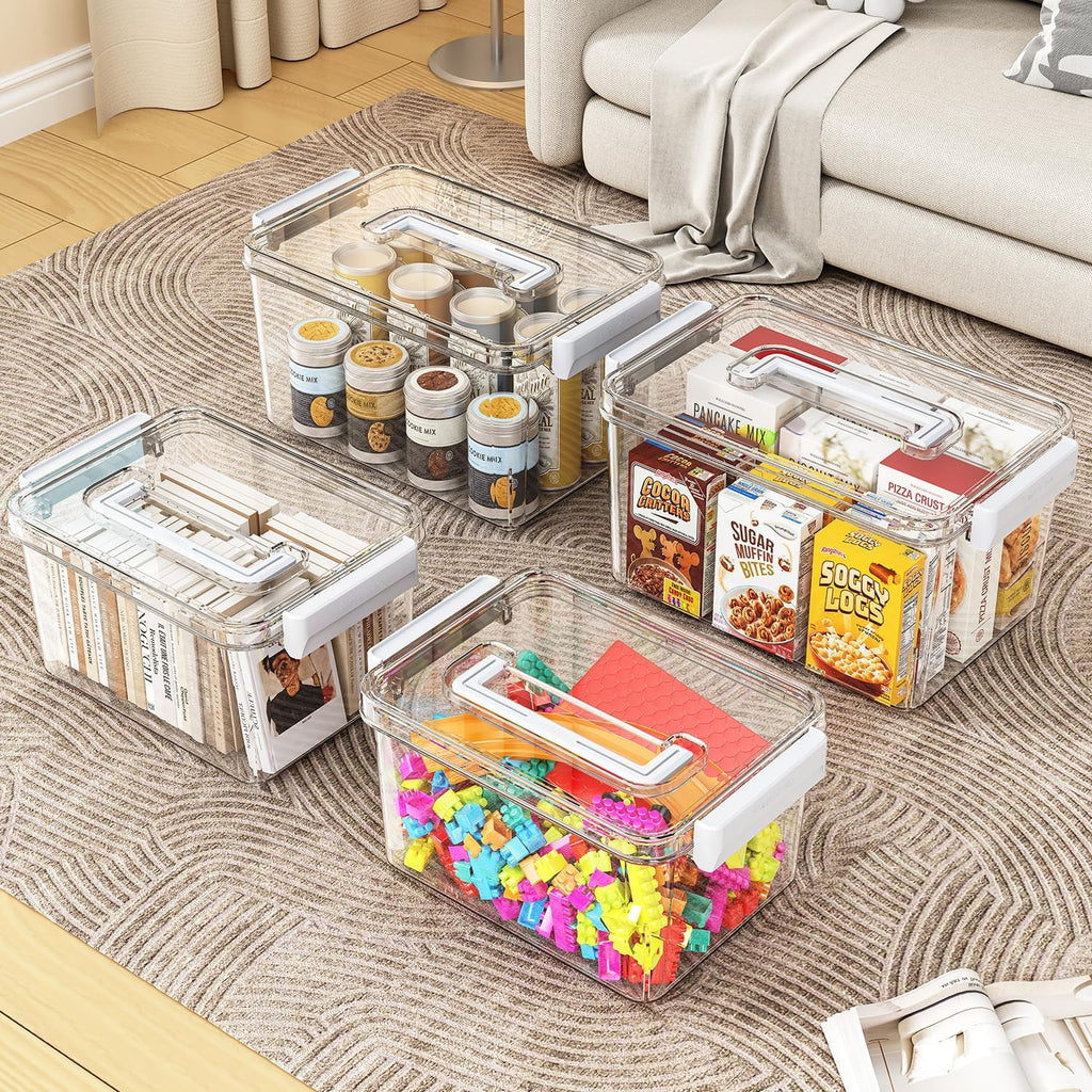 Plastic Storage Bins with Lids Stackable organization and Storage Containers for Organizing Snacks, Crafts, Tools Clear Storage Box with Latching handle(Clear, 2PCS-4.5QT 2PCS-8.5QT)