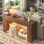 knoworld 63-Inch Long Console Table with LED Light, Farmhouse Sofa Table Behind Couch, Wooden Console Table for Entryway Hallway Entrance Living Room, Brown