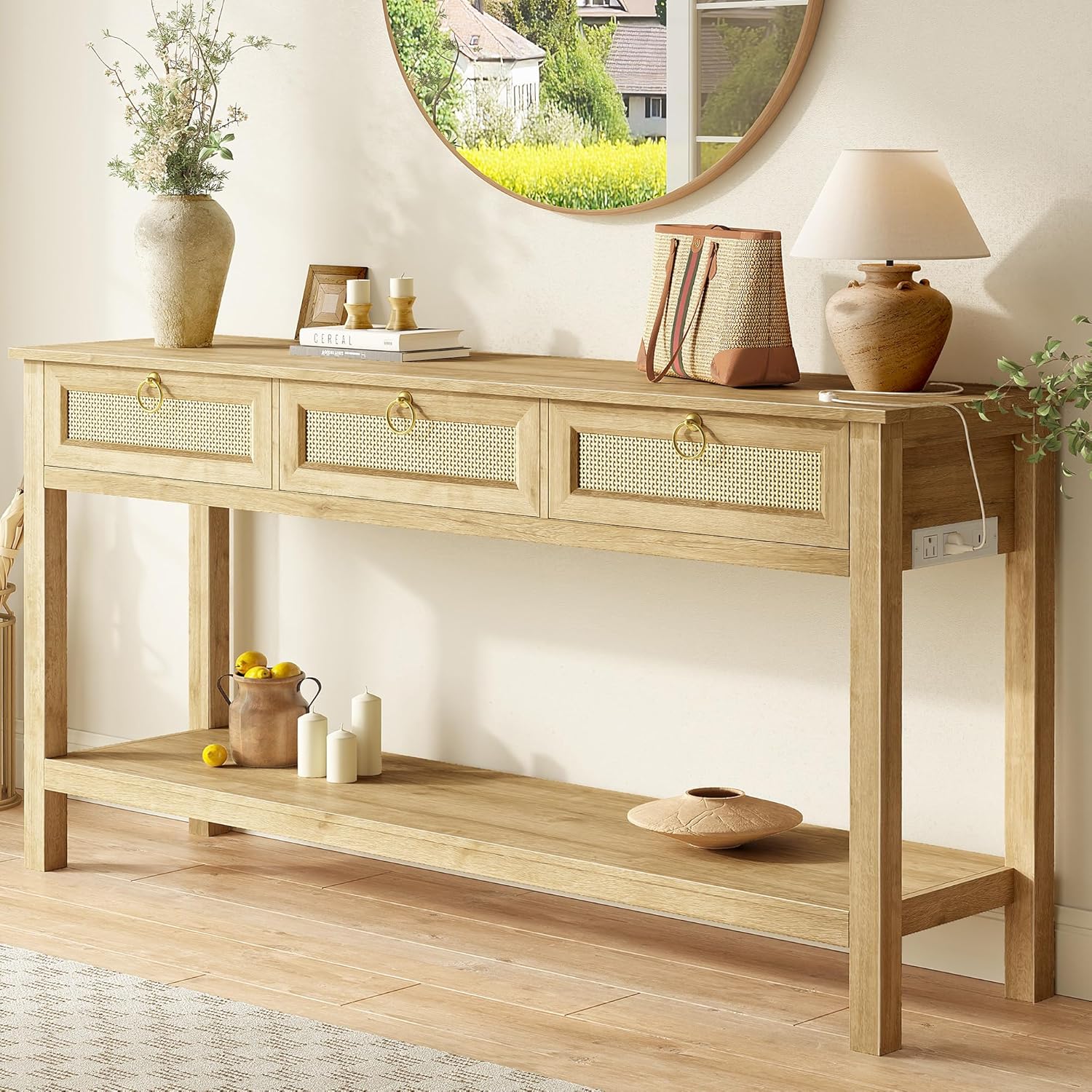 SUPERJARE Rattan Console Sofa Table with Outlets and USB-C Port, 3 Drawer Entryway Table with Synthetic Rattan Surface, 53.9 Inch, Open Shelf, Behind Couch Entry Foyer Hallway Storage, Natural