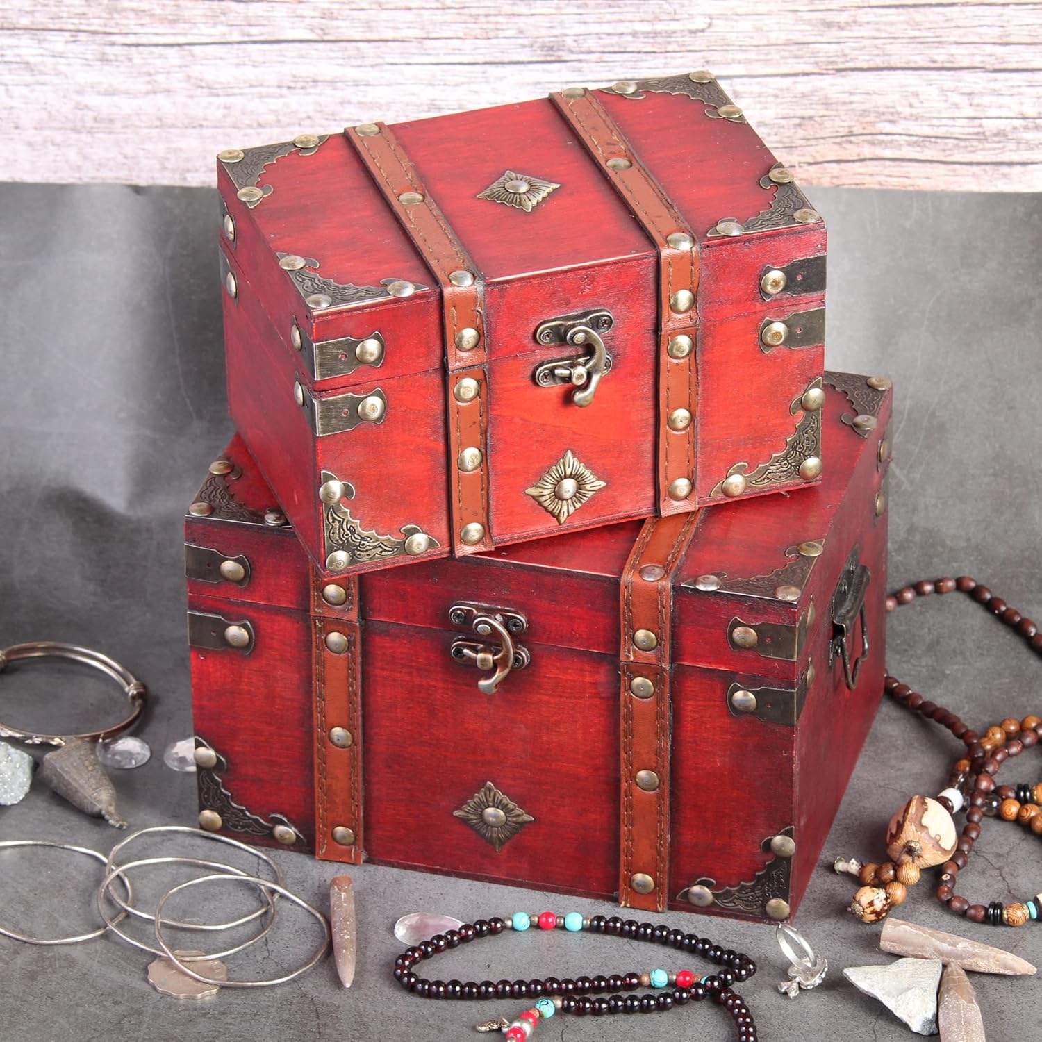 Vintage Trunk Set of 2 Wooden Treasure Chest Boxes Witchcraft Supplies Kit Witch Box Decorative Storage Chest Box with Lock Handcrafted Decorative Boxes with Lids Stackable Storage Chests Large