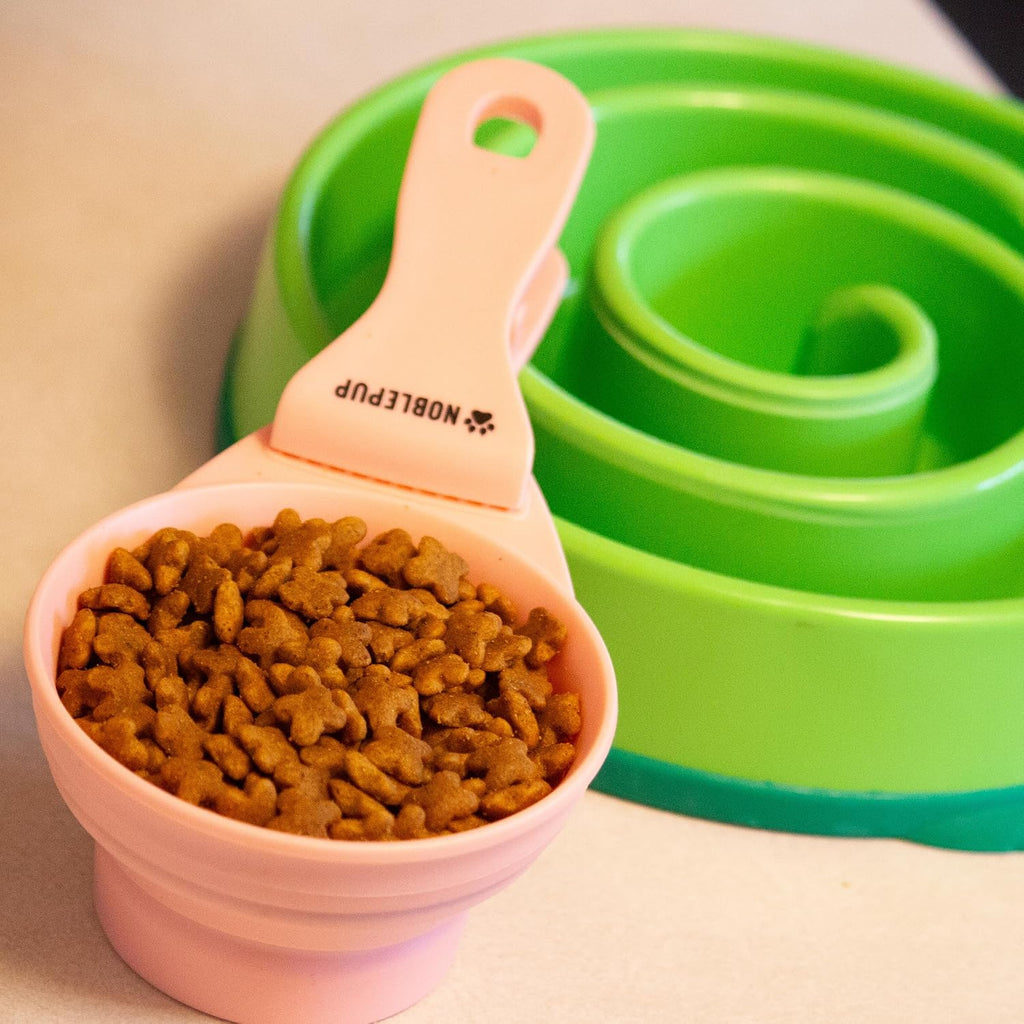 MeasureMate Pet Food Scoops with Bag Clip for Dog and Cat - 3-in-1 Multi-Function Collapsible Food Measuring Cup - 1/2 Cup Capacity, 4oz, Pink - Dishwasher Safe