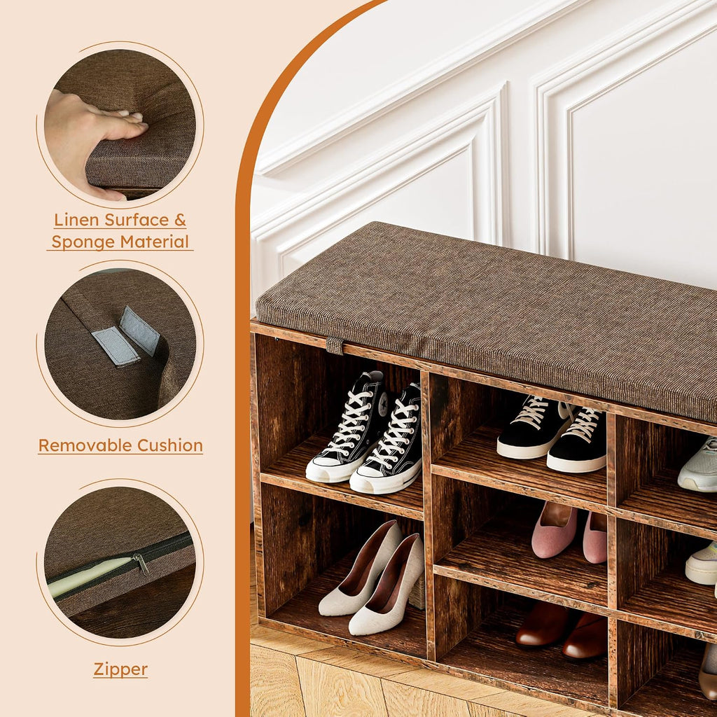 Shoe Storage Bench, 41" Entryway Organizer with Cushion, Brown | 10 compartments, heavy duty engineered wood, removable cushion, spacious family entryway organizer