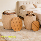 Wicker Side Table Set of 2, Round End Tables with Storage Basket, Multifunctional Barrel Side Tables for Living Room, Bedroom, Laundry