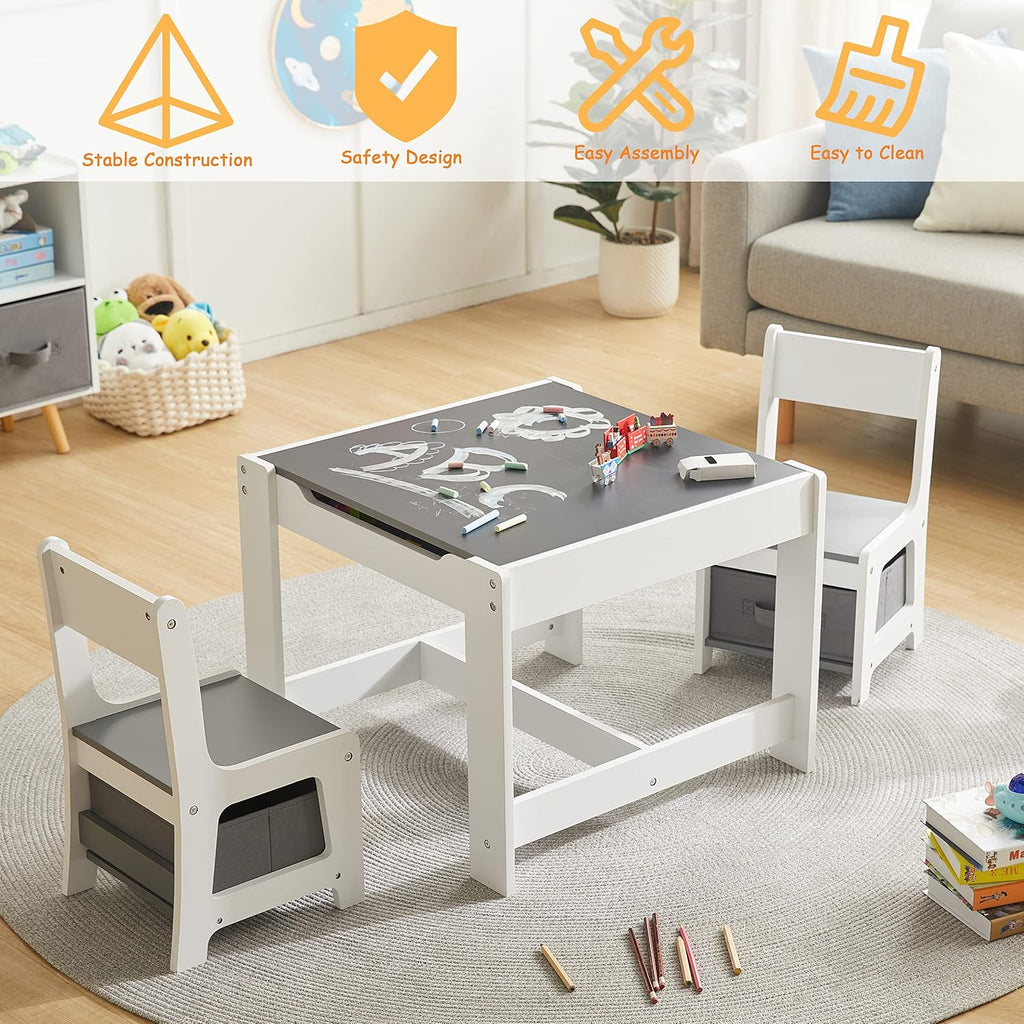 GTOLV Kids Table and Chair Set, 3 in 1 Wooden Activity Table with Storage Drawer for Toddlers Drawing, Reading, Crafts, 2 in 1 Detachable Tabletop Table Set for Nursery, Playroom (Gray)